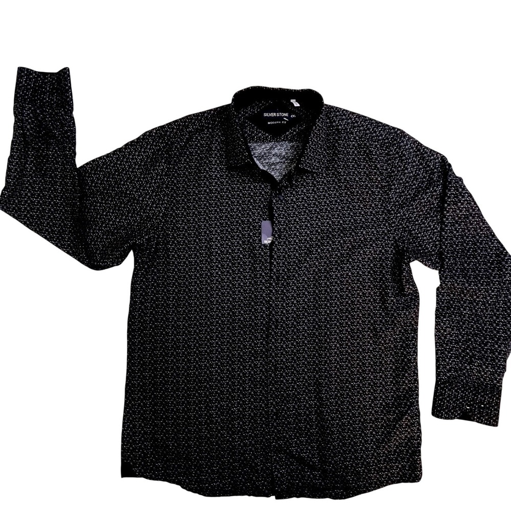 Silver Stone Mens XXL Modern Fit Button Down Shirt Black White Geometric Print